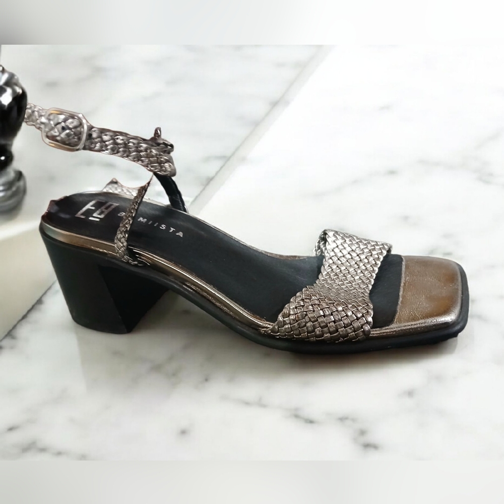 E8 By Miista Silver Ankle Strap Square Toe Heeled Sandals Womans 37 6.5